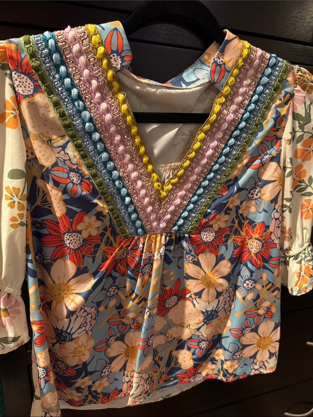 Floral V-Neck Embroidered Women’s Top - Blue Multi